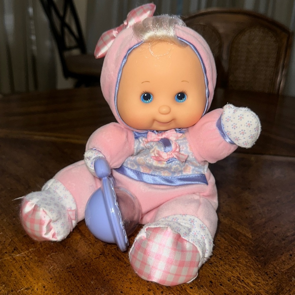 Fisher Price 2002 soft body baby doll soft vinyl face 11” w/ rattle blonde hair